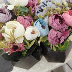 Wooden Pot With Multidesign Dry Artificial Flowers Pack Of 2