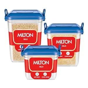 Milton Silo Plastic Storage Container With Side Lock Handles Set Of 3 14 Point 45L 18L And 23L Blue Large Transparent Boxes Stackable And Nestable Dabba Kitchen Containers For Grains Cereals Atta Box