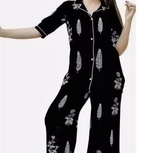 Black Night Suit Shirt With Pajama Set For Women Size M