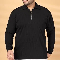 Plus Size Self Design Polo Collar Long Sleeves T Shirt Black Size 9Xl
