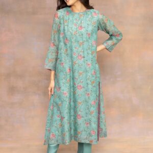 The Indian Ethnic Co Rosalia Blue Sanganeri Chanderi Silk A Line Kurta Size M