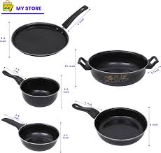Black Color 5Pcs Nonstick Iron Cookware Set Tawa Kadai Fry Pan Saucepan Tadka Pan