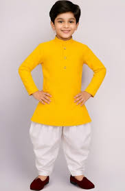 Yellow Colour Cotton Kurta And White Colour Pajama For Boys Size 22
