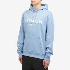 Balmain Mens Paris Logo Hoodie For Men Sky Blue Size Xl