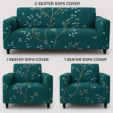 Super Home 3 Plus 1 Plus 1 Seater Elastic Fitted Sofa Cover Green Printed