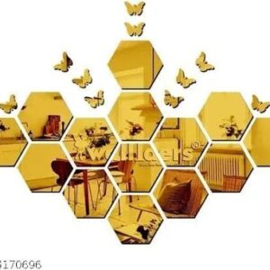 Hexagon 14 With 10 Butterfly Golden 12Cm X 10Pi T5 Cm Each Piece Mirror Stickers For Wall Acrylic