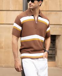 Powerlook Brown Color Striped Polo Collar Pure Cotton T Shirt Half Sleeve For Mens Size 4Xl