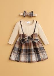 Hopscotch Girls Brown Beige Checkered Fullsleeve Kneelength Casual Dress With Headband 3To6 Month