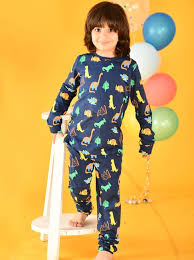 Anthrilo Navy Blue Printed Half T Shirt And Pajami For Kids Size 4 To 5 Y
