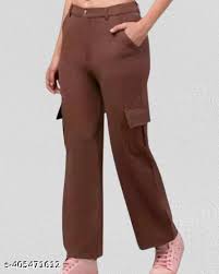 Women Premium Cotton Wide Leg 4 Pocket Cargostrousers Color Brown Size 30