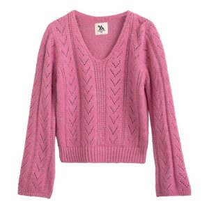 Pink Color Yellow Apple Knitted Full Sleeves Pullover Sweater With Schiffli Design For Women Size 32