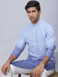Mens Blue Ombre Printed Kurta Pyjama Set Rompers Blue Color Size M