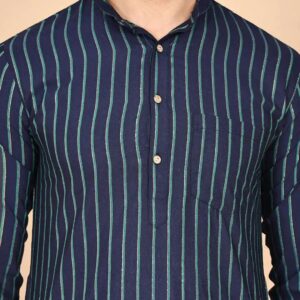 Anouk Rustic Striped Mandarin Collar Cotton Kurta Set Blue Color Size Xl