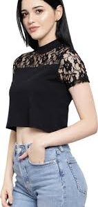Le Bourgeois Casual Half Sleeve Embroidered Women Black Top Size L