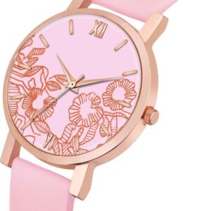 Womens Analogue Roman Flower Designer Leather Strap For Girls Colour Pink