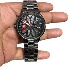 Stylish Car Wheel Watch Racing Brake Dial Black Stainless Steel Red Accents Dial Boyes Man