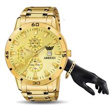 Abx8404 Date Functioning Golden Wrist Watch With Bold Bracelet Special Combo Pack For Men