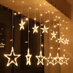 Fuzzytech Star Curtain Led String Lights 138 Led 8 Flash Modes Warm White Copper Wire