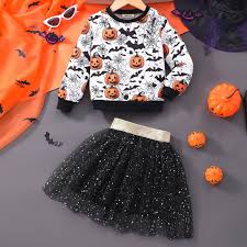 Girls Black Halloween Printed Sweatshirt With Skirts Printed T Shirt Size 5 To 6 Years