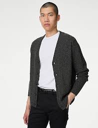 Ms Men Black Colour Extra Fine Lambswool Rich V Neck Cardigan Size L