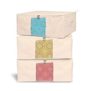 Takiva Cotton Clothes Storage Bags with Zipper Cotton Canvasbags 3 Pcs Pack Of 4 Off White