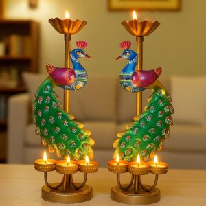 Private Lable Metal Peacock Tealight Candle Holder Handpainted Rajasthani Design for Home Decor pack of 2