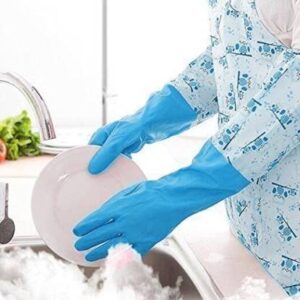 Private Lable Reusable Rubber Latex PVC Flock lined Long Sleeves elbow length Hand Gloves for Kitchen Dish Washing Cleaning Gardening Blue Colour