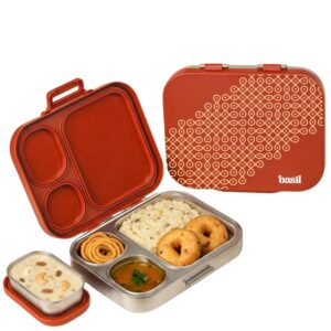 Basil Bento Box Quad Plus 4 Compartment Stainless Steel Lunch Box 1020ml with BPA Free Lid Leak Proof Tiffin for Kids Adults Tanjore Kolam