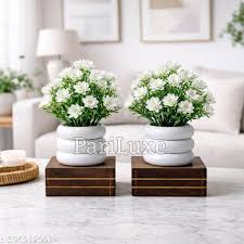 Private Lable Artificial White Flower Plant with White Ceramic Pot for Home Office Decoration Set of 2