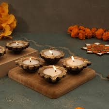 Shubh Sanskaar Sacred Clay Wax Diya Set Matte Golden 6pcs