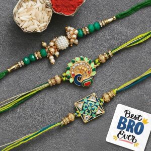 eCraftIndia Set of 3 Multicolor Peacock Flower Beads Pearls Designer Rakhis