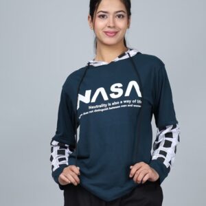 EYEBOGLER Women Typographic Print Loose Fit Hooded T Shirt Size M