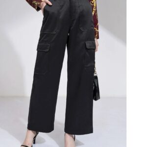 Private Label Womens Solid Cargo Pocket Wide Leg Trousers Black Colour Size Xl