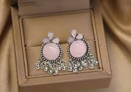 Privet Lable Oxidised Silver Look Turquoise Stone Stud Jhumka Earrings for Women and Girls Alloy Tassel Earring