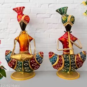 Privet Lable Ethnic Iron Musician Statue Set Handmade Rajasthani Decor 9 Inch 2 Pc