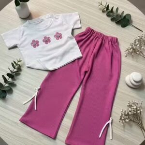 Private Label Kid Girls White Colour Top With Pink Colour Palazo Set Size 26