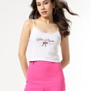 FYRE ROSE Women Typographic Print Fitted Round Neck T Shirt with Lace Trim Colour White Size S