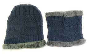 Private Label Woolen Cap with Neck Scarf Gents Woolen Neck Set Cap Stylish Neck Warmer Combo Set Woven Fur Cap Blue Colour