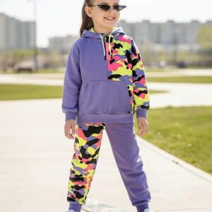 OLLINGTON ST Cotton Looper Knit Full Sleeves Sweatshirt Hoodie Knit Joggers with Camouflage Print Multicolor Purple Size 2 To 3Y