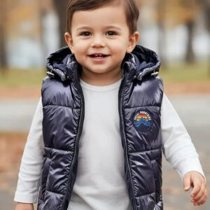 Mark And Mia Babyhug Woven full Sleeveless Padded Hooded Solid Jacket colour black size 34 year