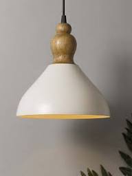 White Color Cone Shape Hanging Lamp Wooden Holder