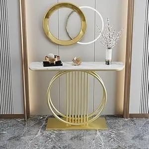 Decorative Gold White Circular Console Accent Table Metal Frame Wood Sofa Side Table