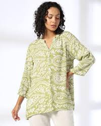 Fusion Women Green White Floral Print Straight Kurti Size XL