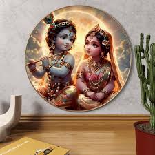Krishna And Radha Childhood Divine Love Wall Painting With Frame Size 23X23 Inches