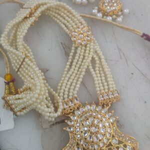 Long Necklace Rani Haar Set Golden Colour White Stone