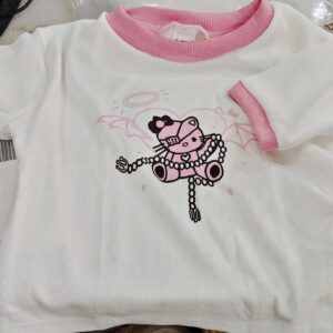 Womens Crop Top Cartoon Graphic Crop Tee Pink And White Size M