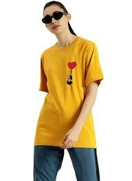 Womens Regular Trend Balloon Panda Printed Cotton T Shirt Yellow Size L