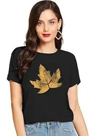 Womens Regular Trend Leaf Printed Cotton T Shirt For Women Girls Black Size L