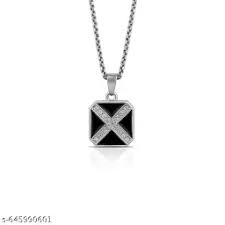 Men Boys Stainless Steel Necklace Black Geometric Square Pendant